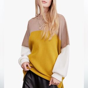 Free People Colorblock Sweater in Mustard, Taupe, and White